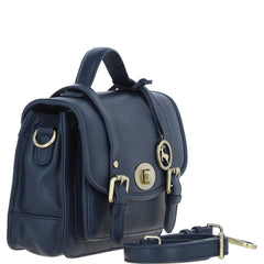 Womens Navy Leather Classic Vintage Satchel Style Bag & Detachable Shoulder Strap