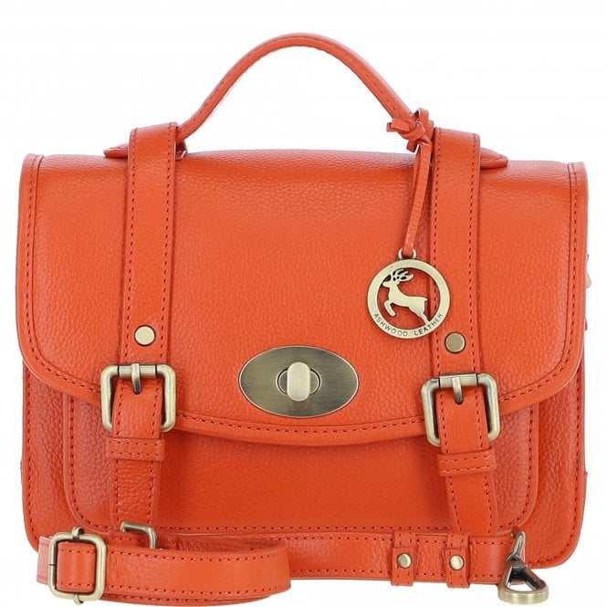 Womens Orange Leather Classic Vintage Satchel Style Bag & Detachable Shoulder Strap