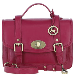 Womens Raspberry Leather Classic Vintage Satchel Style Bag & Detachable Shoulder Strap