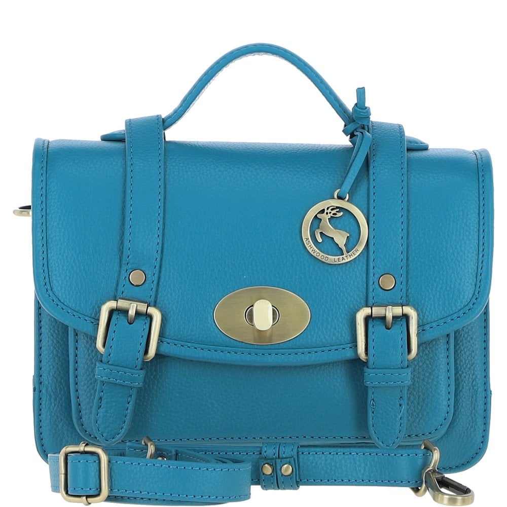 Womens Turquoise Leather Classic Vintage Satchel Style Bag & Detachable Shoulder Strap