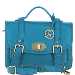 Womens Turquoise Leather Classic Vintage Satchel Style Bag & Detachable Shoulder Strap