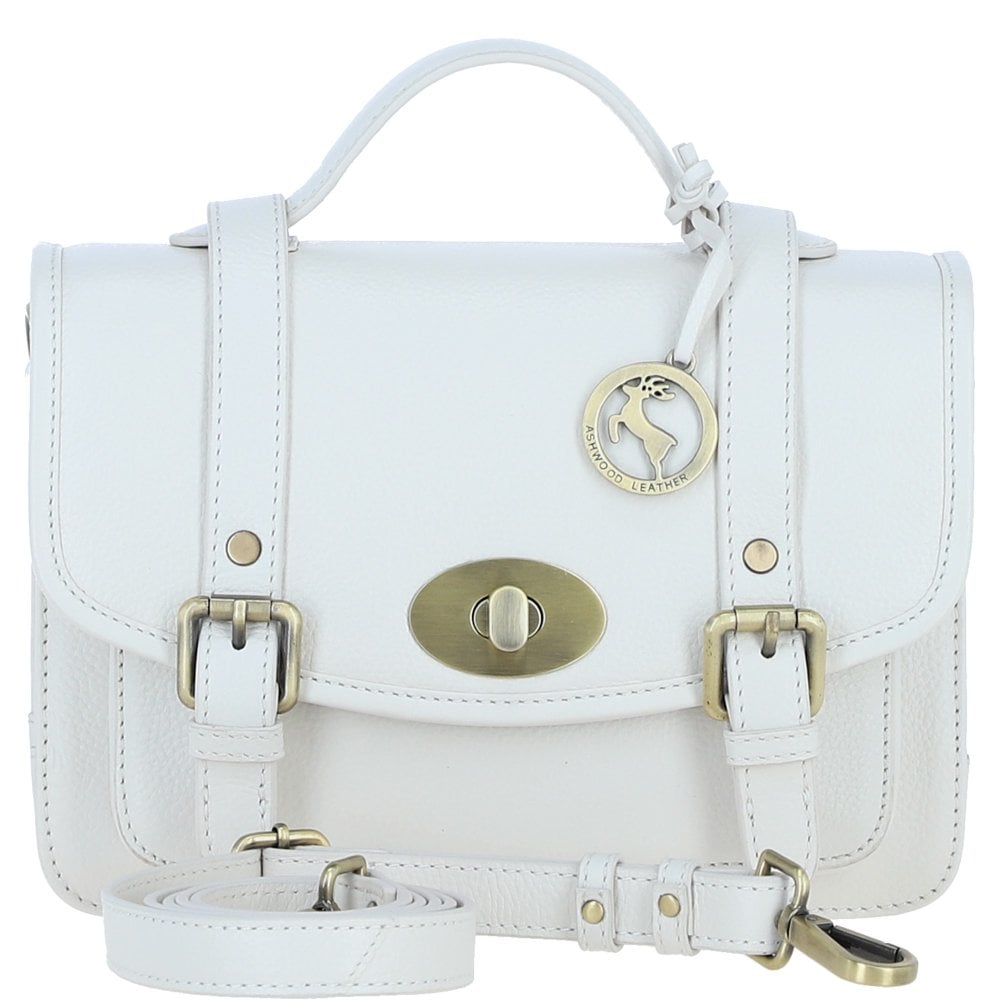 Womens White Leather Classic Vintage Satchel Style Bag & Detachable Shoulder Strap