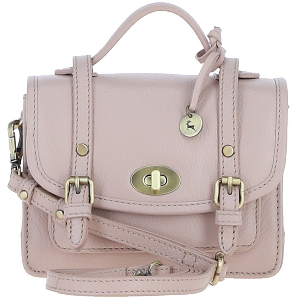 Womens Small Beige Leather Classic Vintage Satchel Style Handbag & Detachable Shoulder Strap