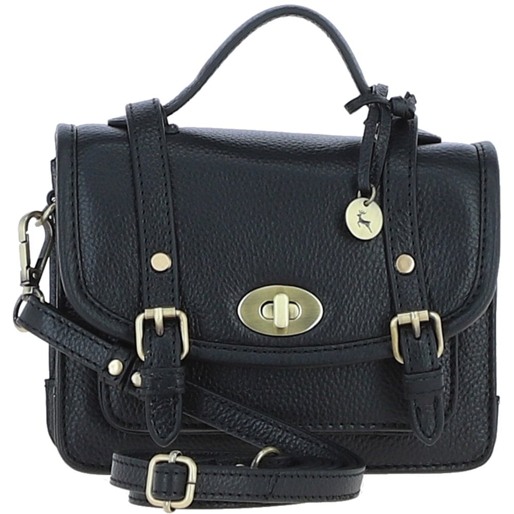 Womens Small Black Leather Classic Vintage Satchel Style Handbag & Detachable Shoulder Strap
