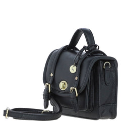 Womens Small Black Leather Classic Vintage Satchel Style Handbag & Detachable Shoulder Strap