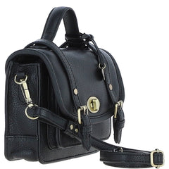 Womens Small Black Leather Classic Vintage Satchel Style Handbag & Detachable Shoulder Strap