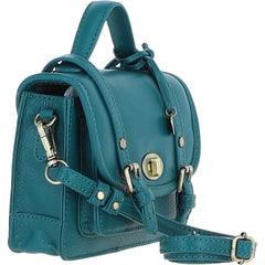 Womens Small Teal Leather Classic Vintage Satchel Style Handbag & Detachable Shoulder Strap