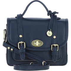 Womens Small Navy Leather Classic Vintage Satchel Style Handbag & Detachable Shoulder Strap