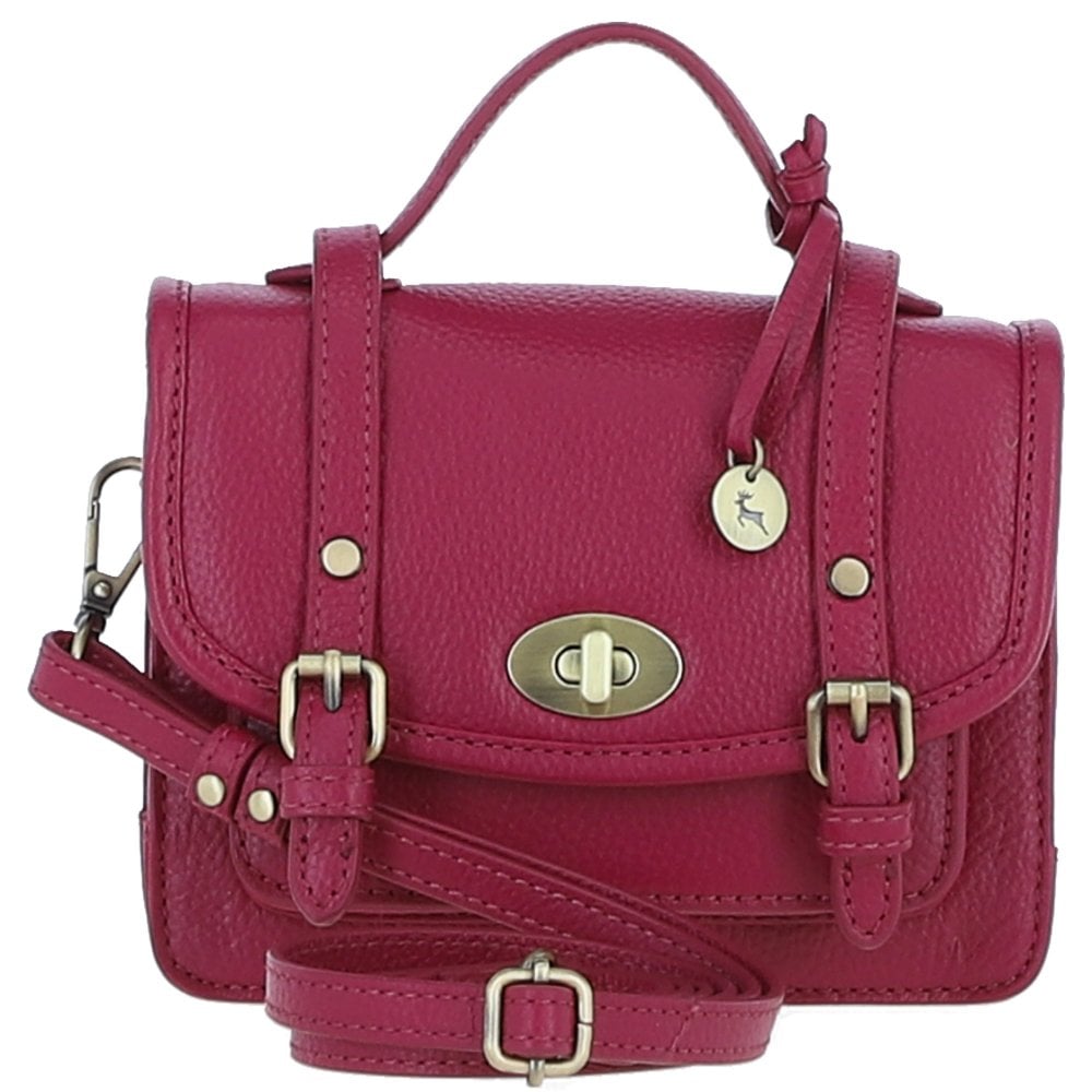 Womens Small Raspberry Leather Classic Vintage Satchel Style Handbag & Detachable Shoulder Strap