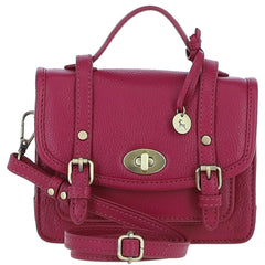 Womens Small Raspberry Leather Classic Vintage Satchel Style Handbag & Detachable Shoulder Strap