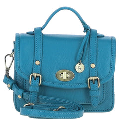Womens Small Turquoise Leather Classic Vintage Satchel Style Handbag & Detachable Shoulder Strap