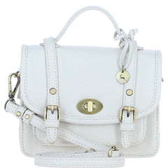 Womens Small White Leather Classic Vintage Satchel Style Handbag & Detachable Shoulder Strap
