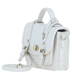 Womens Small White Leather Classic Vintage Satchel Style Handbag & Detachable Shoulder Strap
