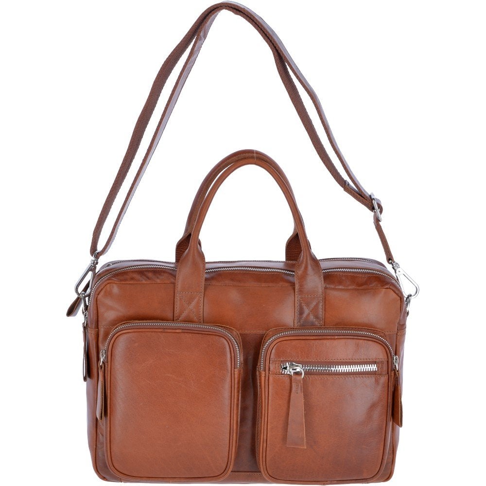 Oily Tan Large Leather Dual Compartment Laptop Bag
