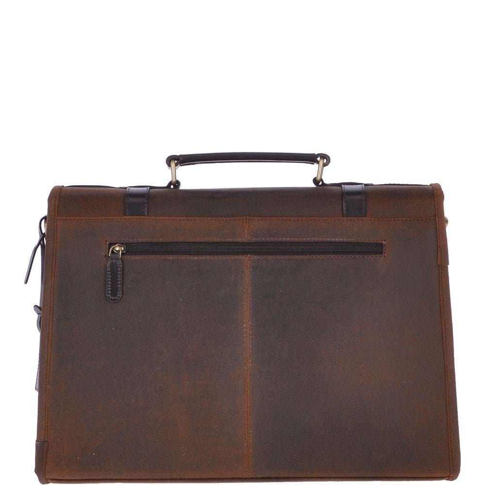 Oily Buff Brown Leather Large Briefcase with Detachable Shoulder Strap