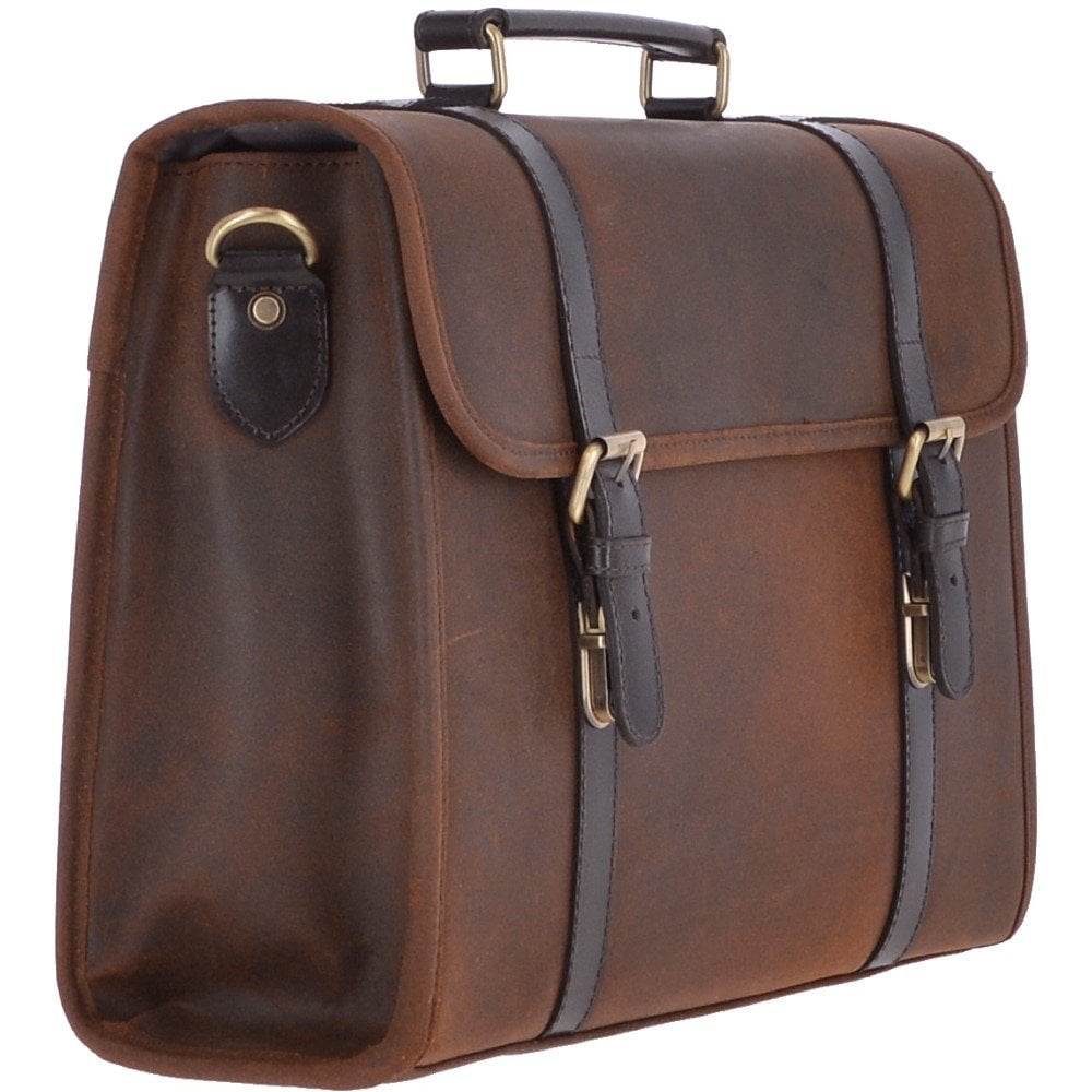 Oily Buff Brown Leather Large Briefcase with Detachable Shoulder Strap ...