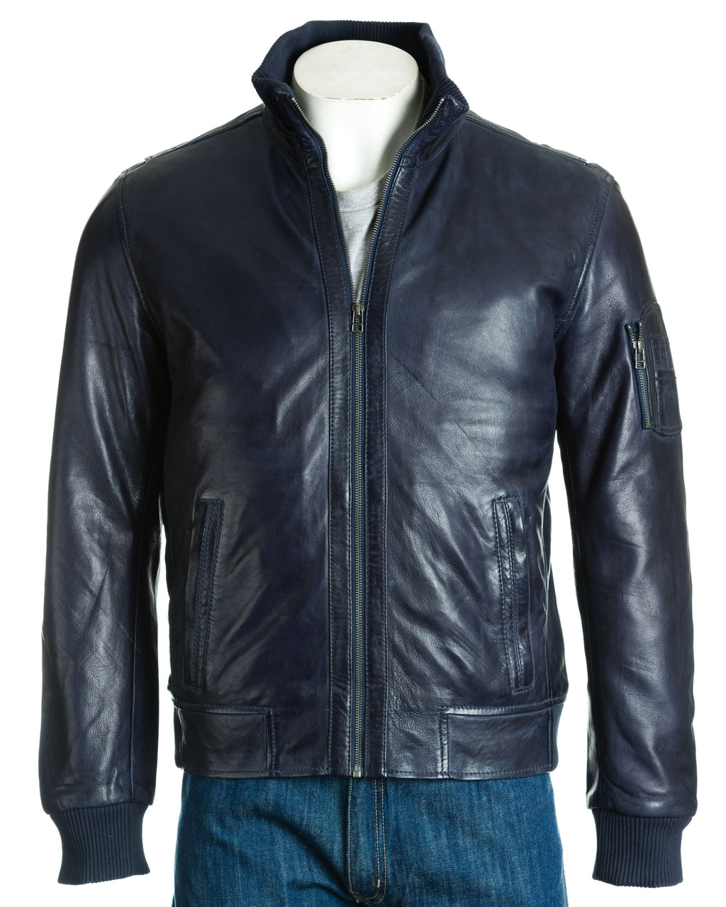 Men's Navy Stand-Up Rib-Knit Collared Leather Bomber: Otello