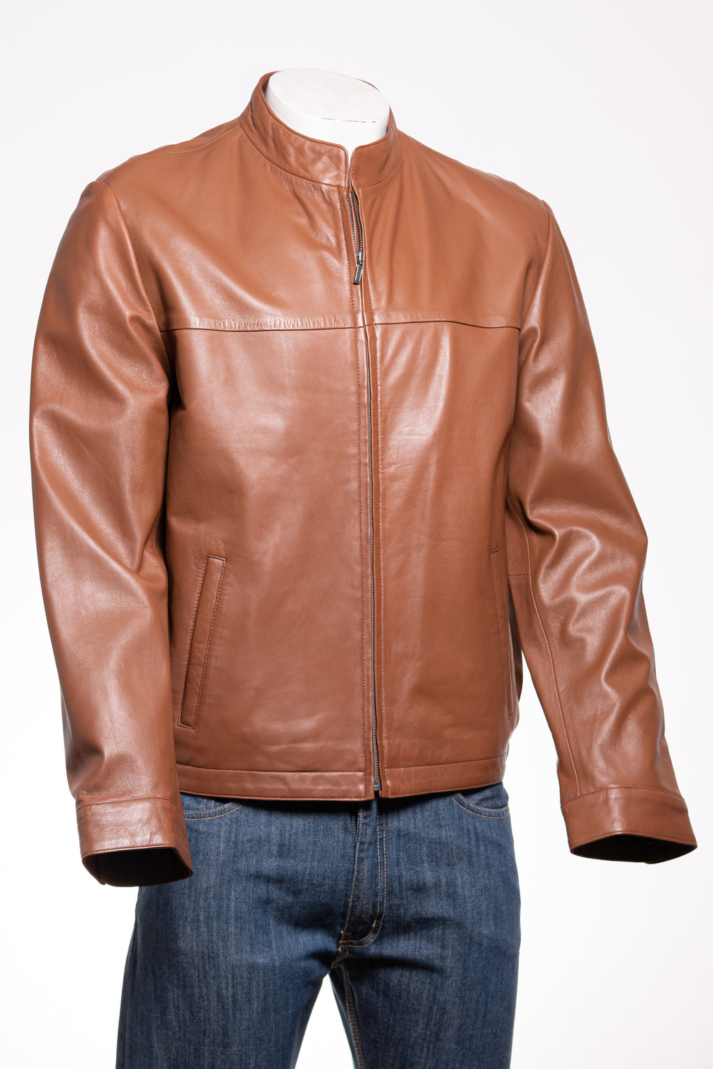 Men's Cognac Simple Leather Jacket: Davide