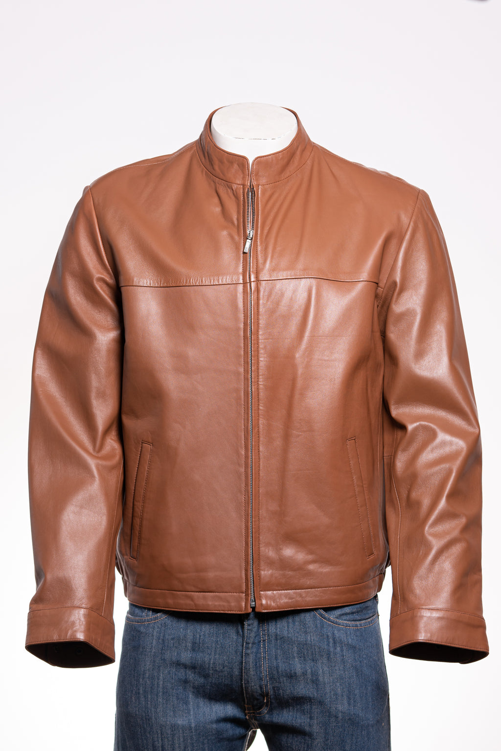 Men's Cognac Simple Leather Jacket: Davide