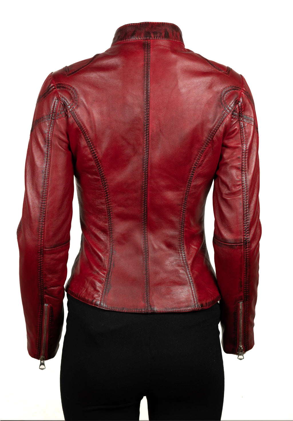 Ladies Antique Red Slim Fit Biker Style Leather Jacket: Ella