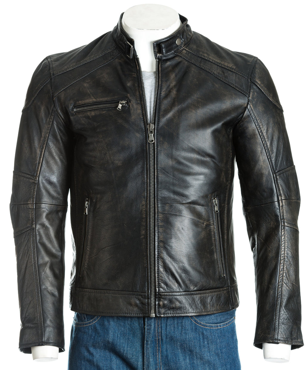 Mens Vintage Antique Leather Biker Style Jacket: Casper