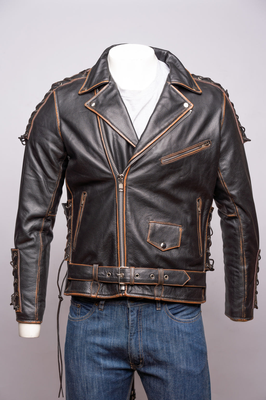 Men's Embossed Brando Style Cow Hide Biker Jacket with Laces - Abe