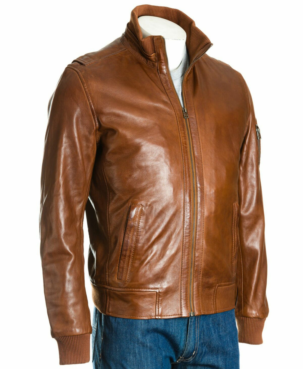 Men's Mid Brown Stand-Up Rib-Knit Collared Leather Bomber: Otello