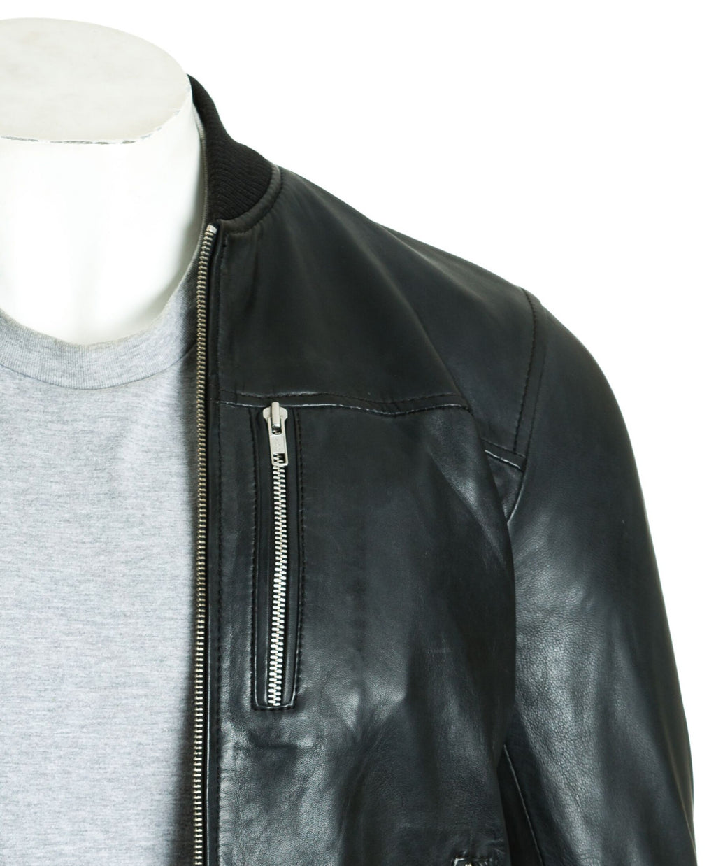 Men's Black Rib-Knit Collar Leather Bomber: Fabbro
