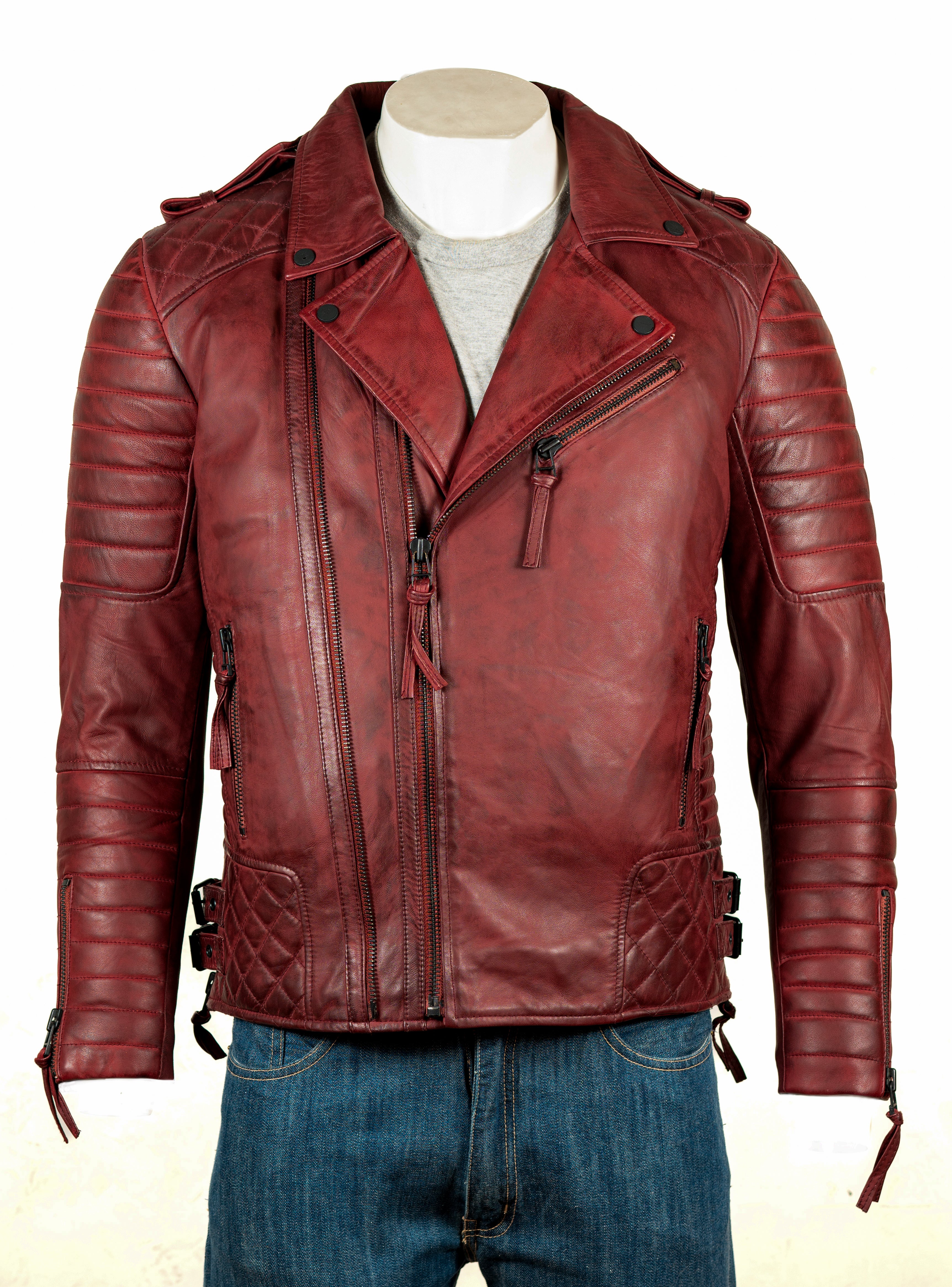 Men's Antique Burgundy Diamond Stitch Biker Style Leather Jacket: Burton BURGUNDY XS