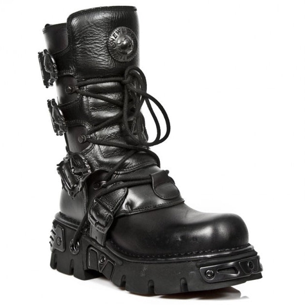 NEW ROCK - M-391-S18 Black Mid Calf Lace Up Boots