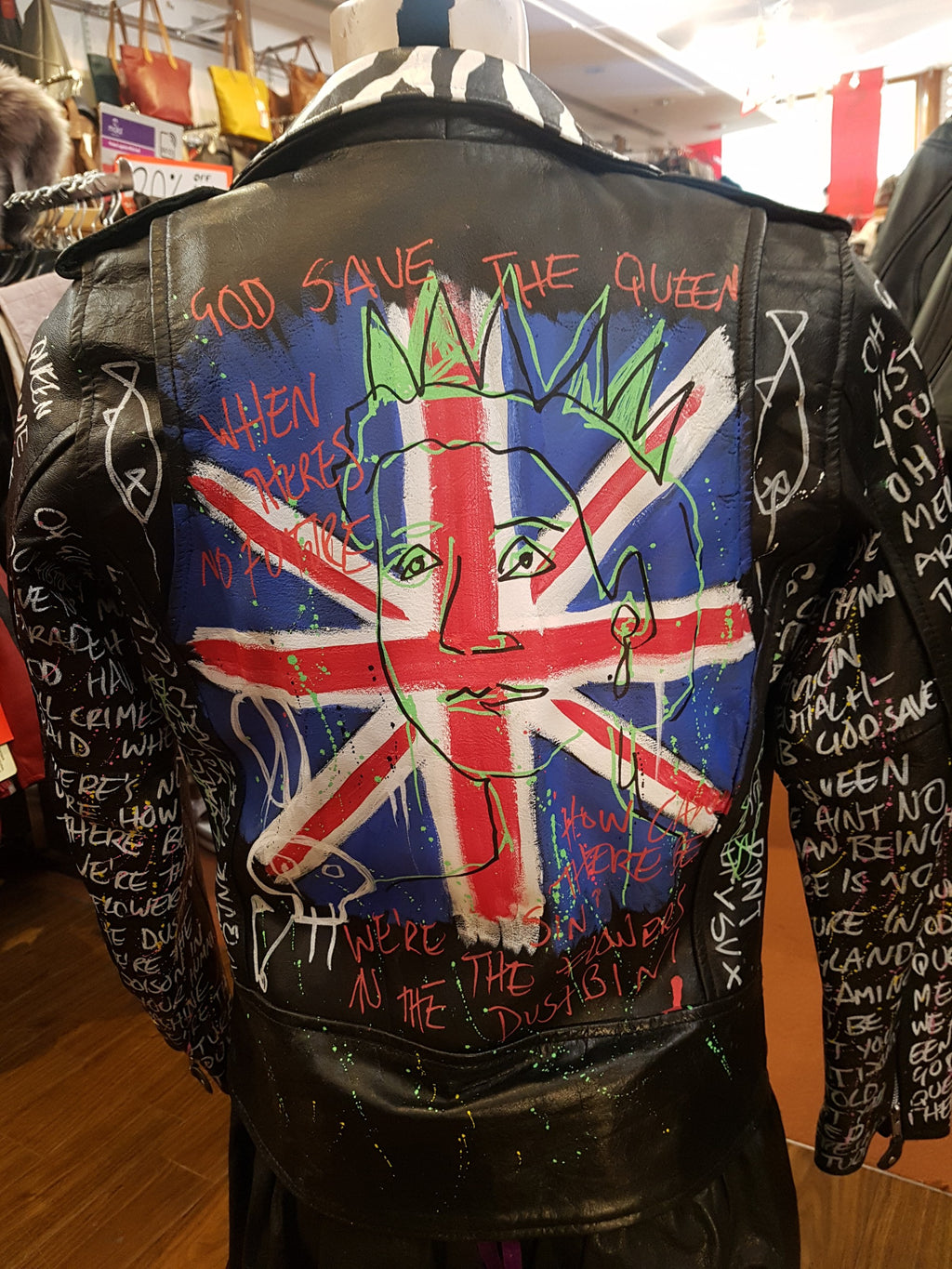 Ladies One Off Hand Painted Punk God Save The Queen Leather Biker Jack Leather Jacket Company