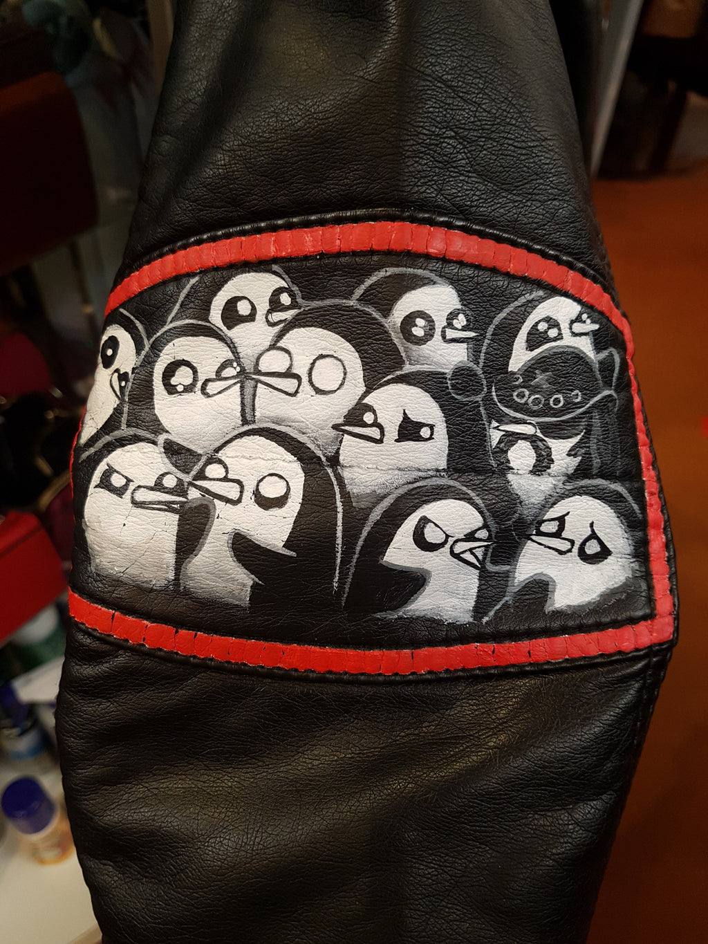 Kids Quirky Hand Painted Penguin Leather Biker Style Jacket