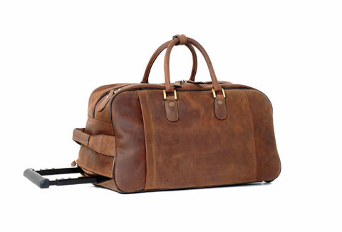 Wheeled Leather Travel Holdall In Chestnut Mud Colour