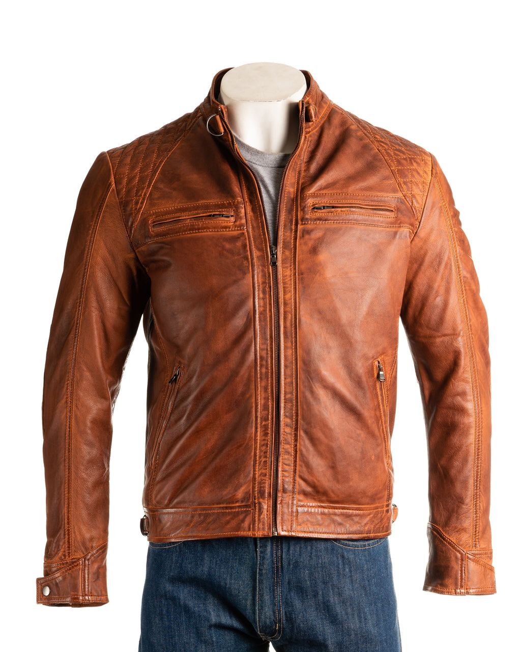Men's Antique Cognac Diamond Shoulder Biker Style Leather Jacket: Geronimo