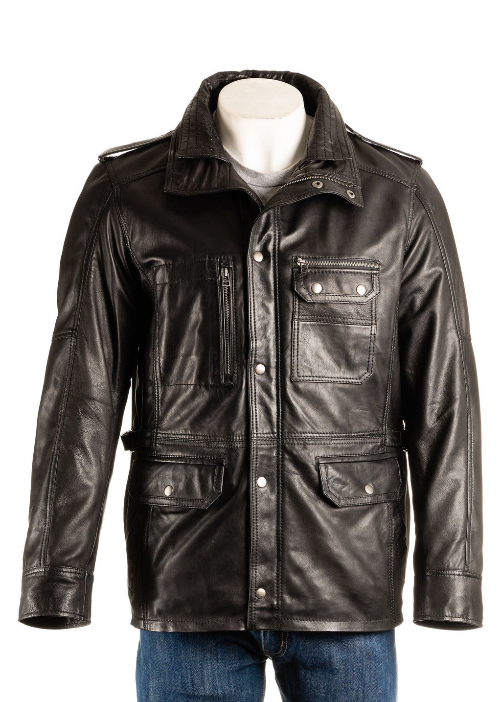 Men's Black Double-Collared Leather Coat: Pasquale