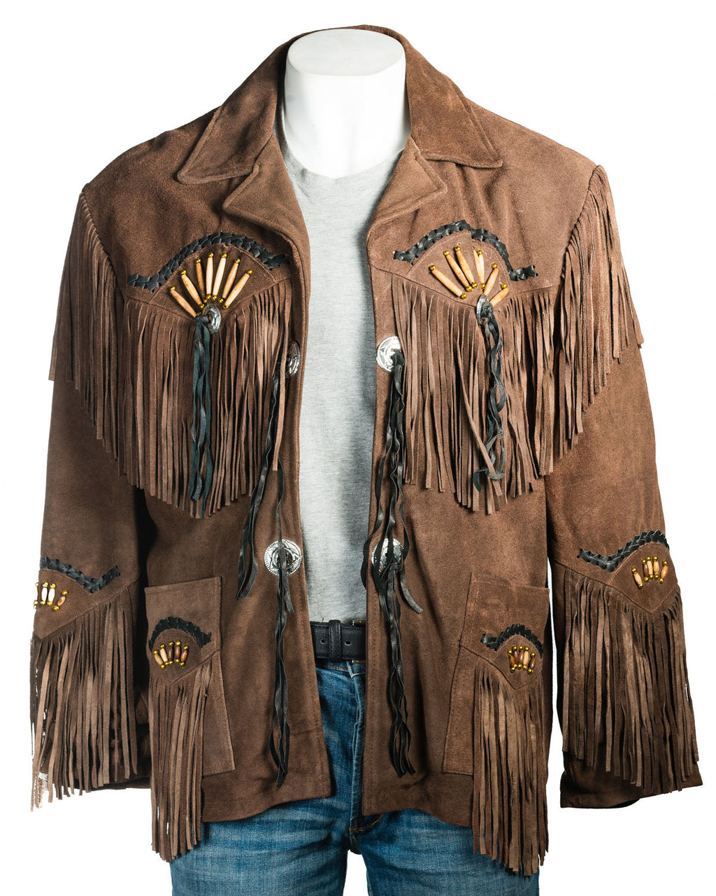 Men's Brown Suede Native American Western Style Jacket with Fringe and Beads - Navajo Men's