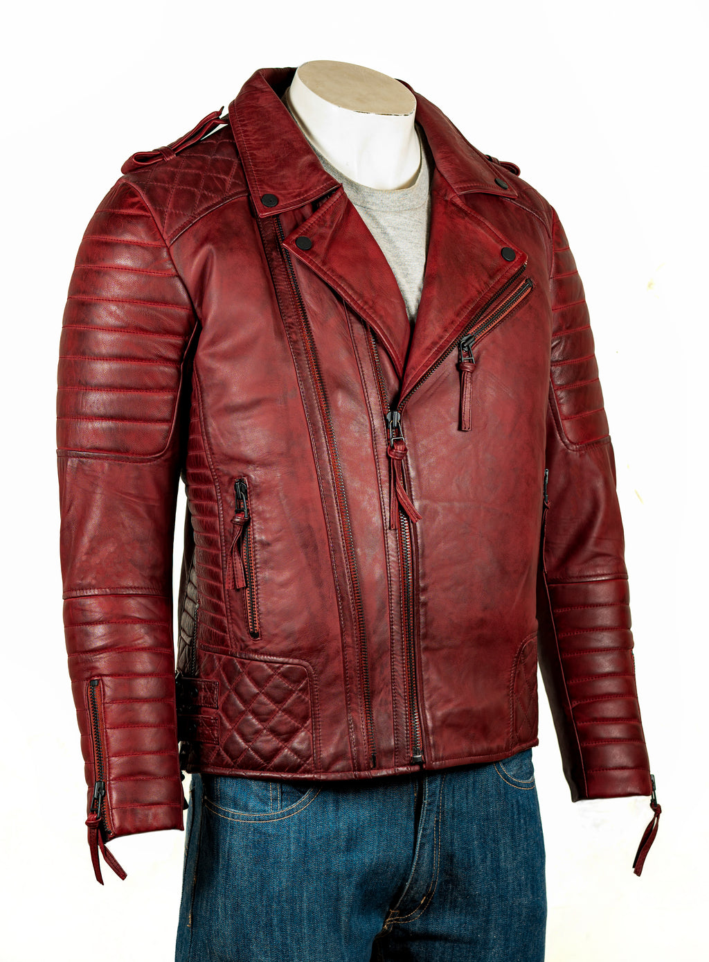 Men's Antique Burgundy Diamond Stitch Biker Style Leather Jacket: Burton