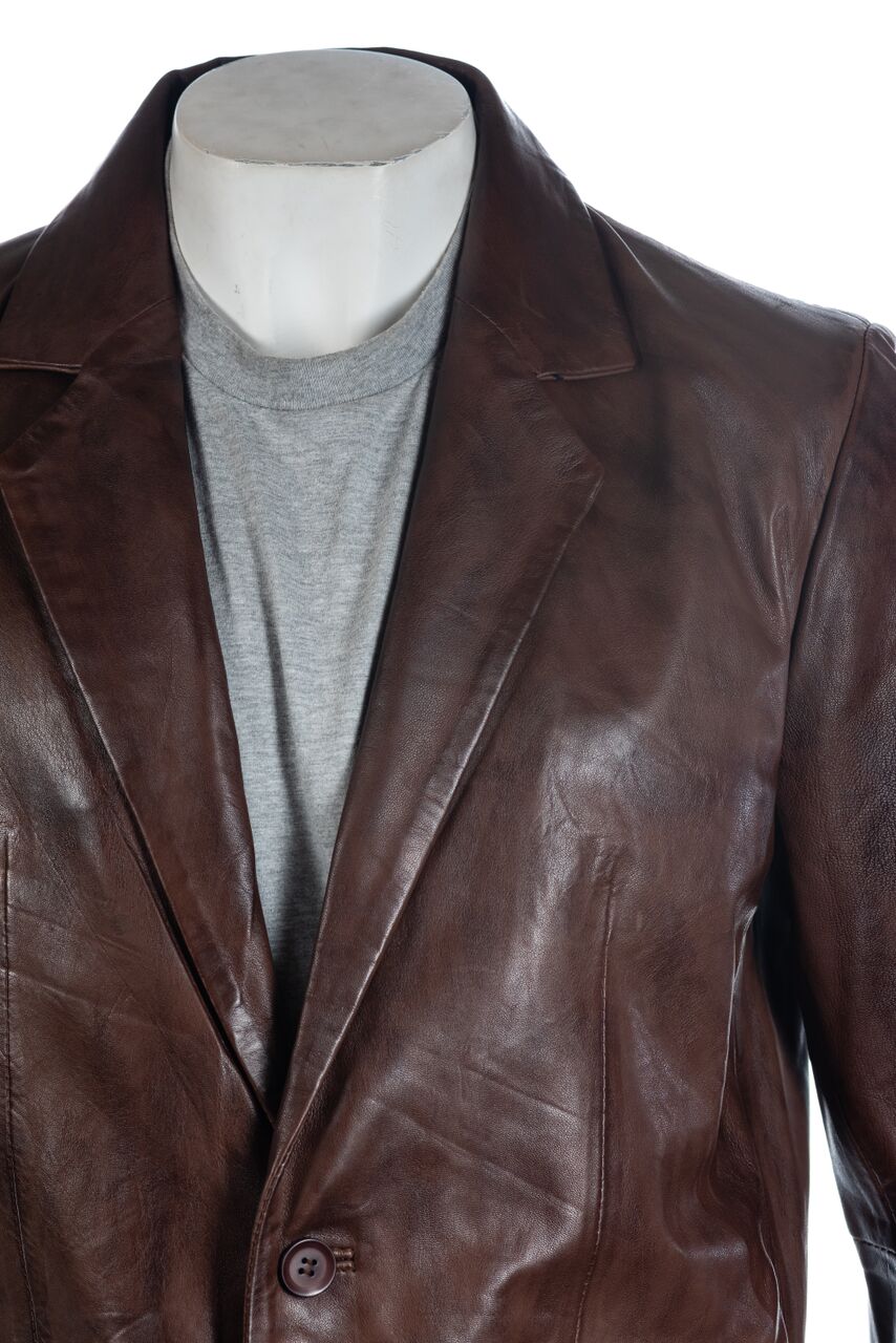 Men's Brown Classic Two Button Single Breasted Leather Blazer: Marcello