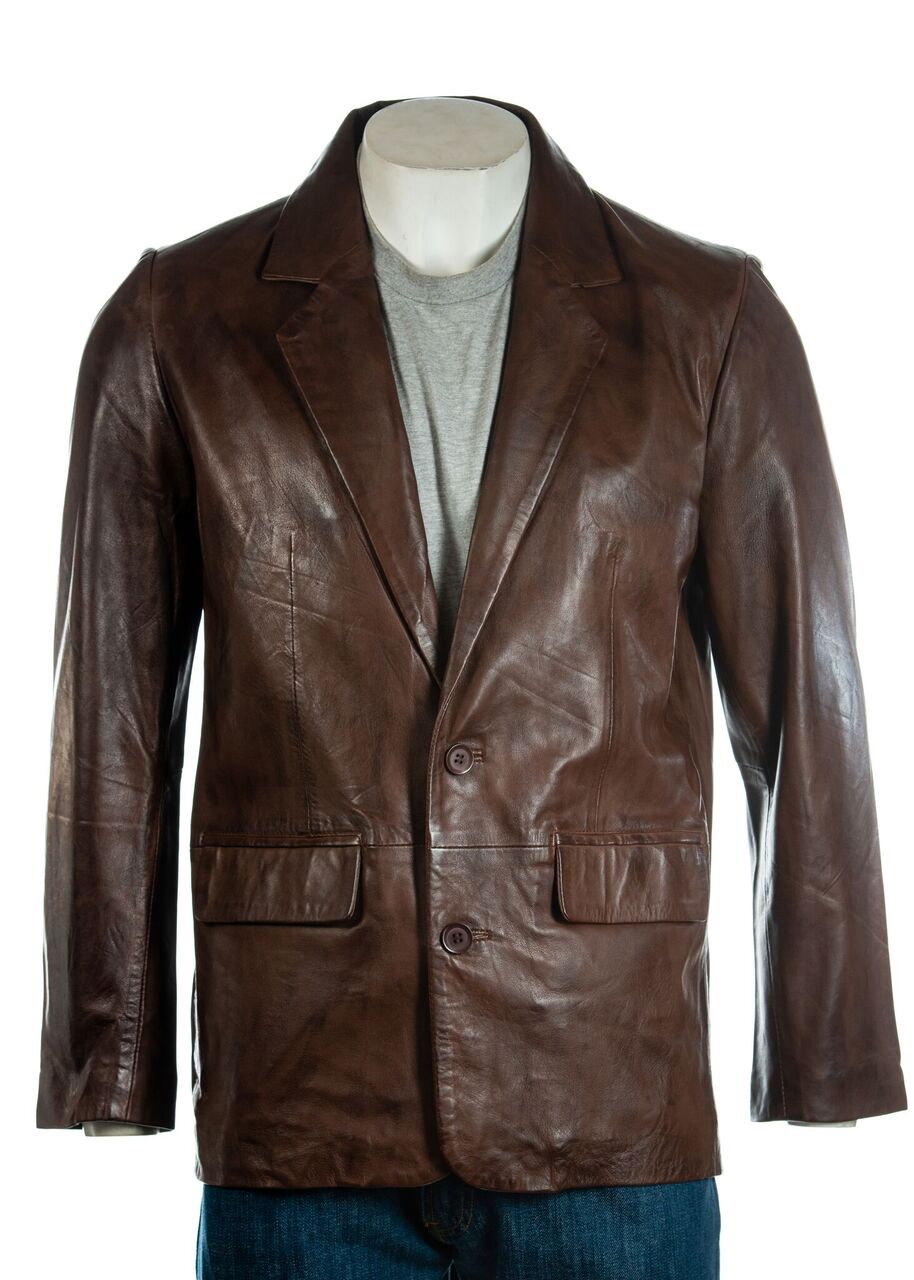 Men's Brown Classic Two Button Single Breasted Leather Blazer: Marcello