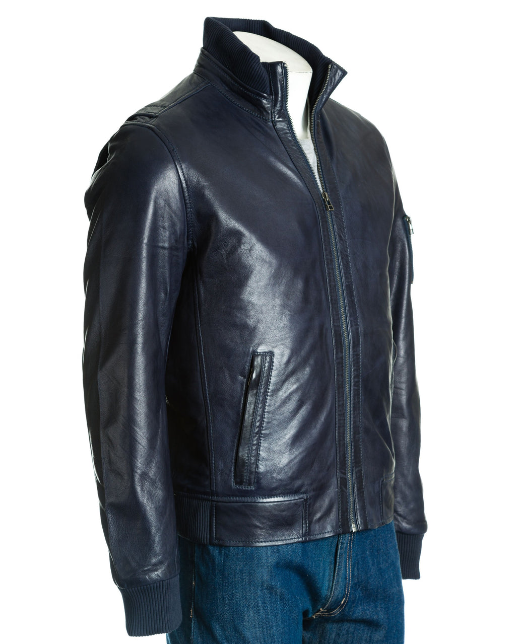 Men's Navy Stand-Up Rib-Knit Collared Leather Bomber: Otello