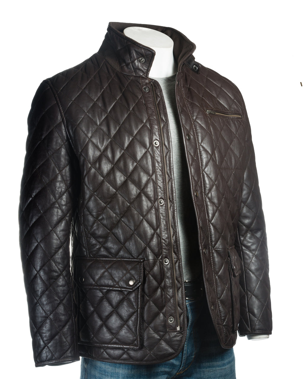 Men's Brown Quilted Leather Coat with Diamond Stitch - Javier