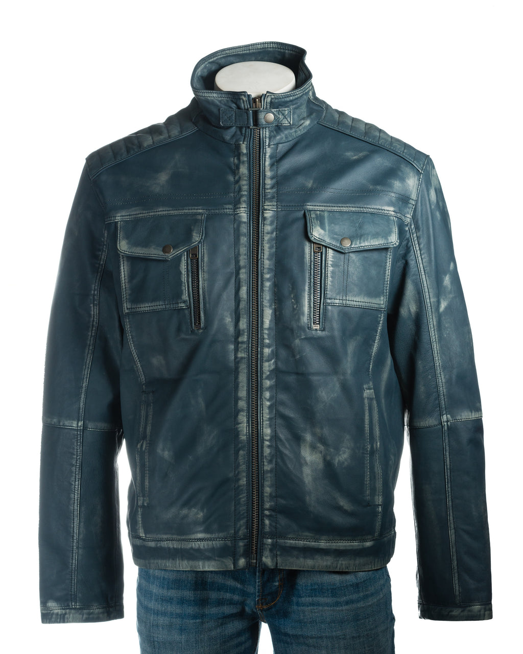 Men's Antique Blue Vintage Biker Style Leather Jacket - Dominico