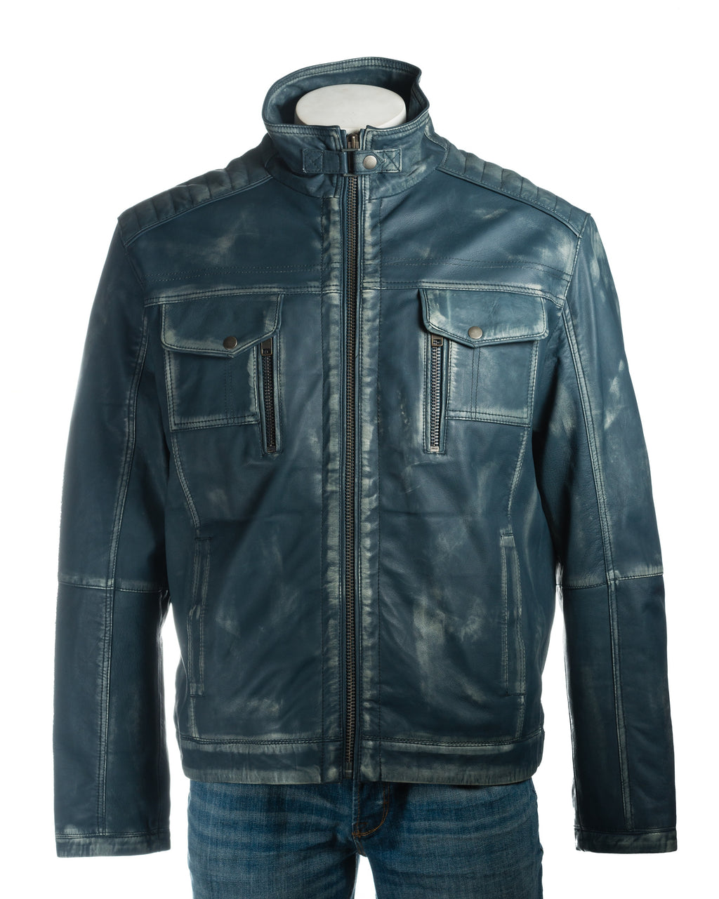Men's Plus Size Antique Blue Vintage Biker Style Leather Jacket - Dominico