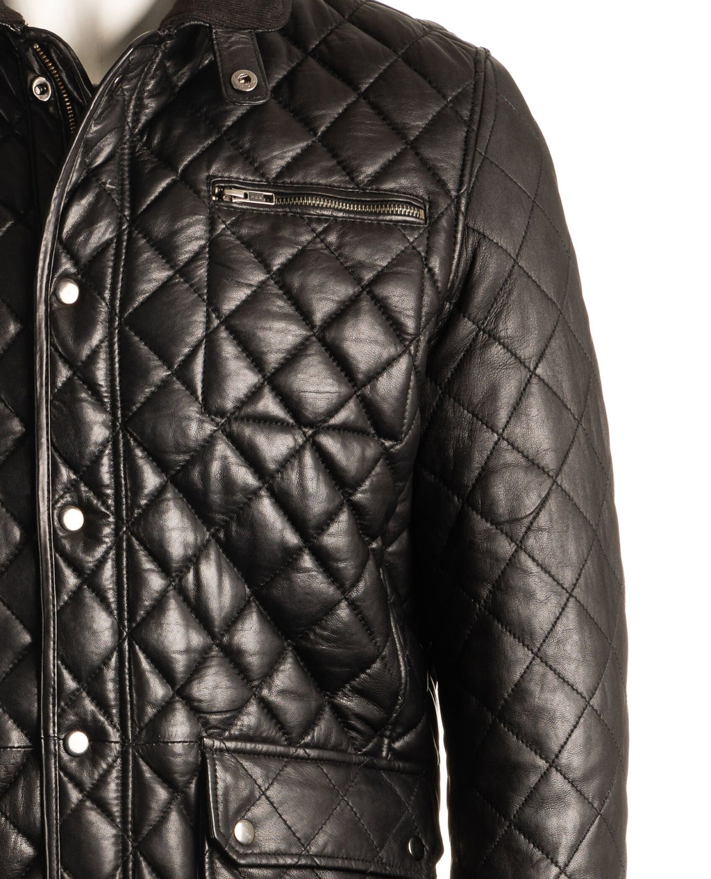 Men's Black Quilted Leather Coat with Diamond Stitch - Javier