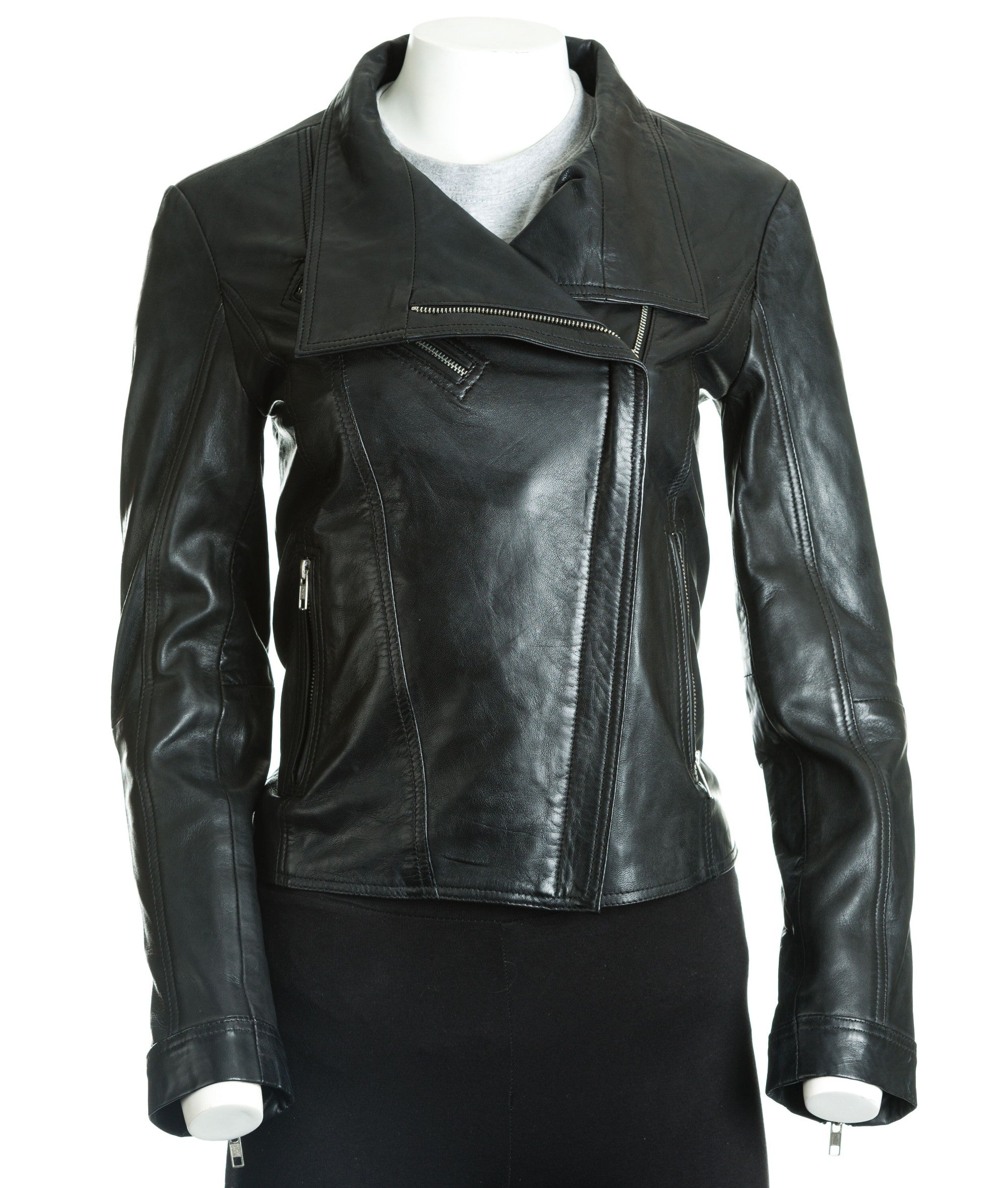 Women's Asymmetric Collar Leather Biker Style Jacket: Bernadetta