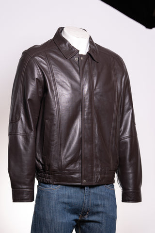 Men's Dark Brown Simple Blouson Style Leather Jacket with Elasticated Waist: Giuliano