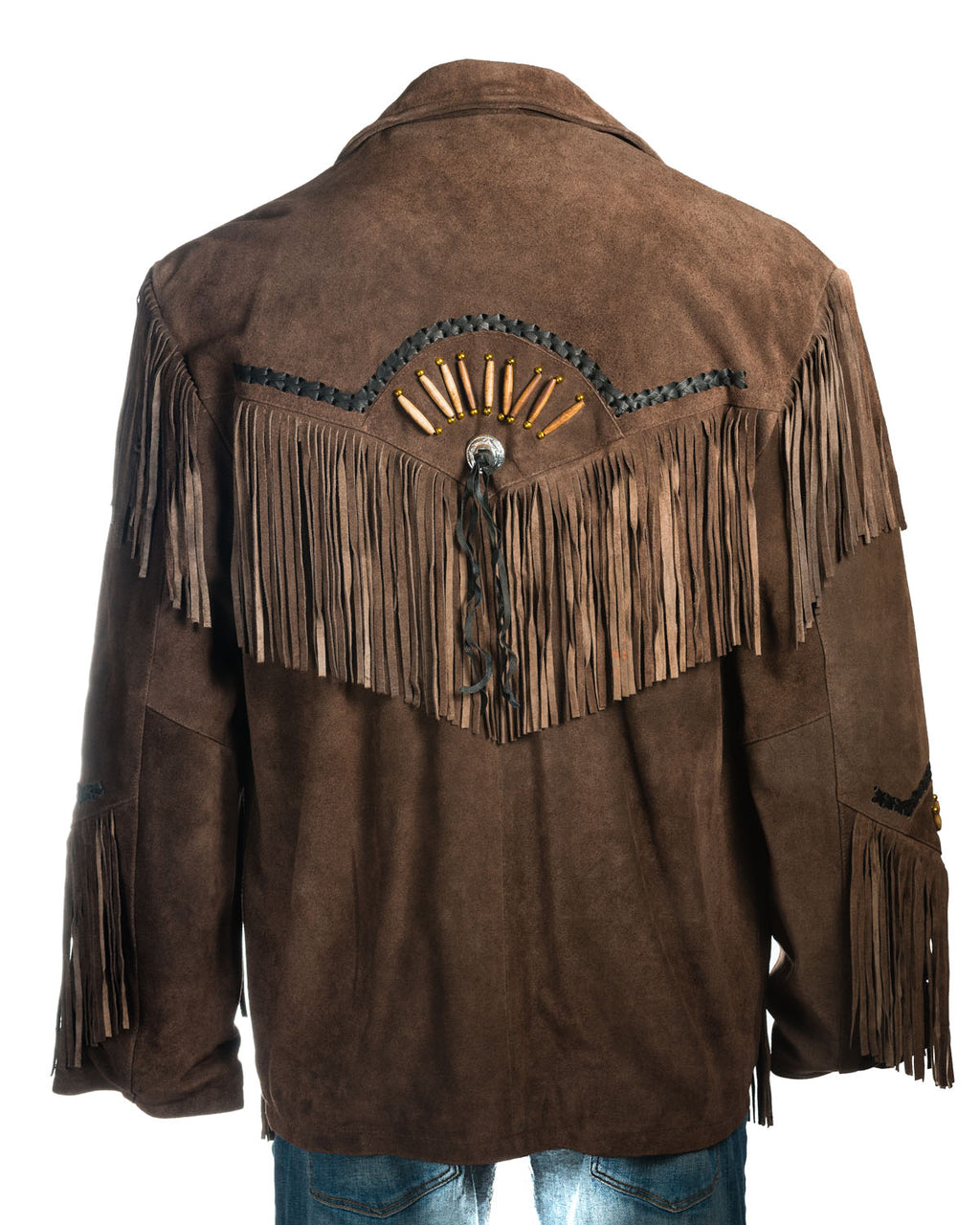 Men's Black Suede Native American Western Style Jacket with Fringe and Beads - Navajo Men's