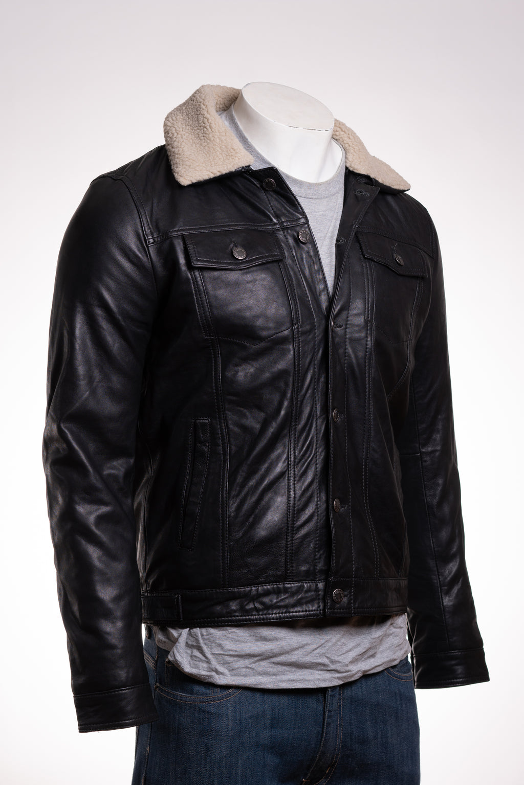 Men's Black Shirt Style Leather Jacket With Removable Sheepskin Collar: Gabriele