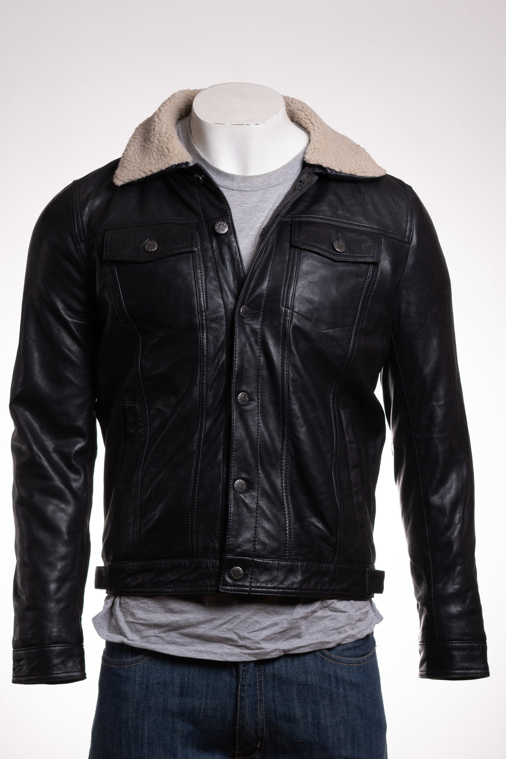 Men's Black Shirt Style Leather Jacket With Removable Sheepskin Collar: Gabriele