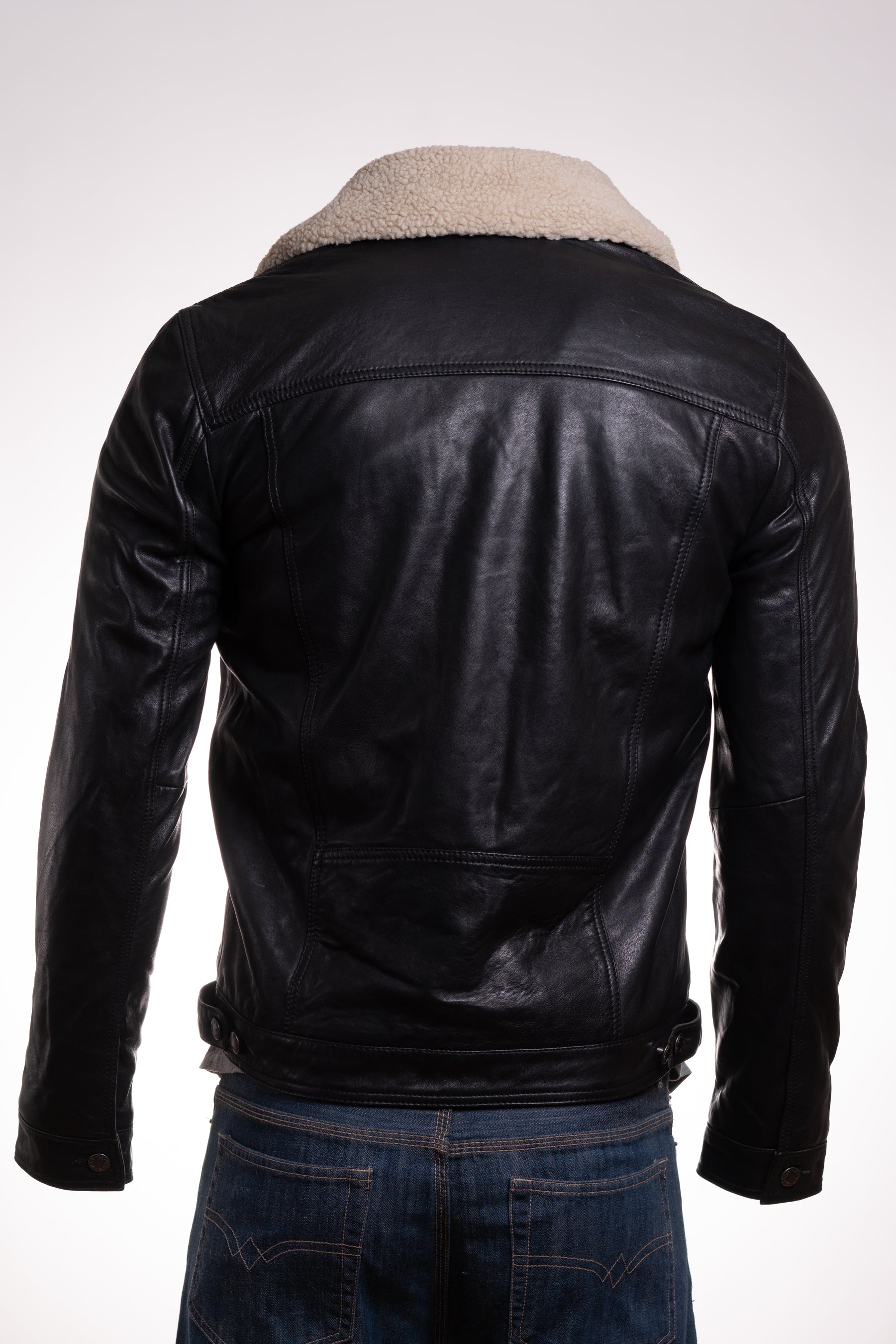 Men's Black Shirt Style Leather Jacket With Removable Sheepskin Collar: Gabriele
